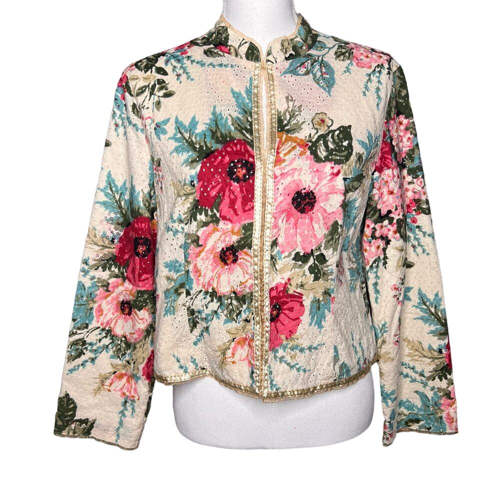 Vintage 90s J Jill Floral Eyelet Open Jacket Size Small Lace Long Sleeve Cottage